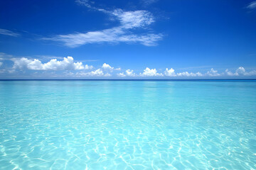 Fototapeta premium A serene view of clear turquoise water under a bright blue sky with scattered clouds.