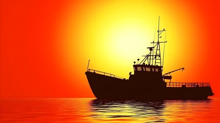 Fototapeta premium Fishing boat silhouette against vibrant sunset ocean nature photography tranquil scene