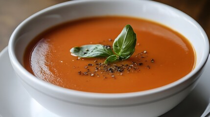 Delicious tomato basil soup cozy restaurant food photography warm atmosphere close-up view culinary delight
