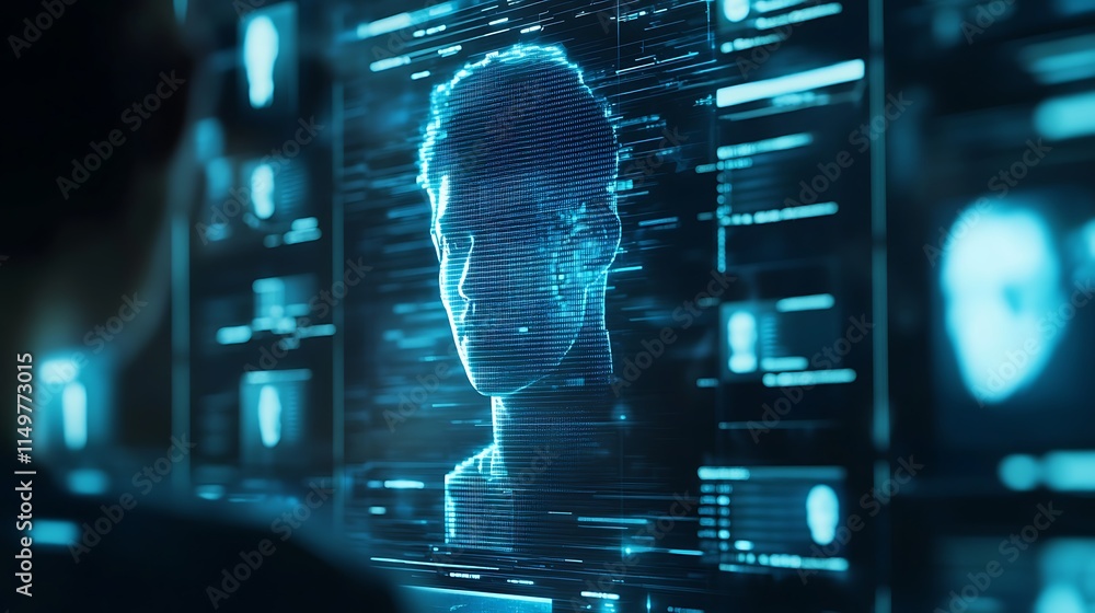 Poster futuristic digital face appears on a computer screen for representing advancements in ai digital ide