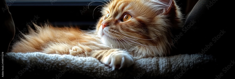 Poster Fluffy ginger cat resting on a soft surface, gazing thoughtfully out a window.