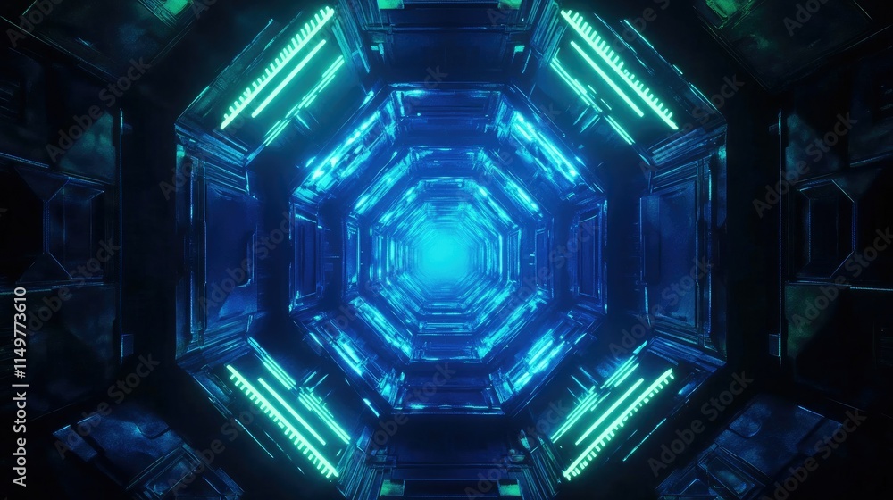 Poster a cyber-themed hexagonal pattern illuminated in blue and green tones, perfect for a futuristic sci-f