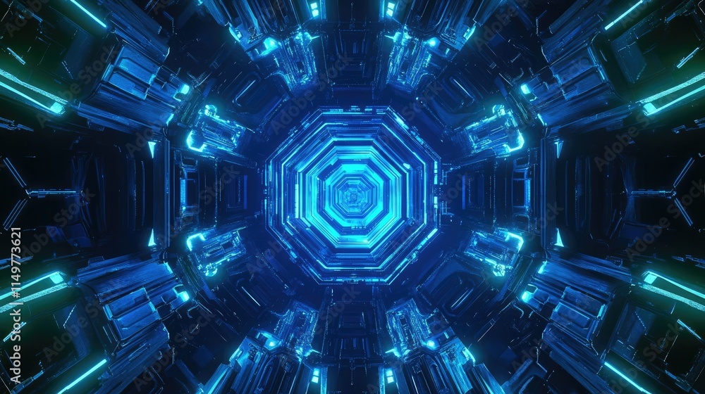 Poster a cyber-themed hexagonal pattern illuminated in blue and green tones, perfect for a futuristic sci-f