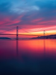 Bosphorus Strait with the Istanbul Bridge as the centerpiece. The calm waters reflect the vibrant colors of the sunset,