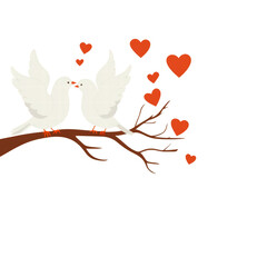 Fototapeta premium Illustration of two white doves on a branch surrounded by red hearts, symbolizing love, romance, and peace in a minimalist style.