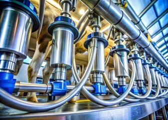 Milking Machine Close-Up: Worm's Eye View of Dairy Farm Technology, Agricultural Equipment, Dairy Industry