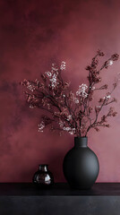 A minimalist arrangement featuring a black vase with branches against a textured maroon wall.