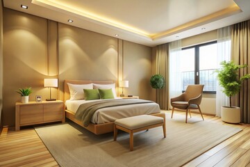 Fototapeta premium Minimalist Hotel Room Design, Worm's Eye View Interior, Modern Bedroom, Simple Decor, Clean Lines, Luxury Accommodation
