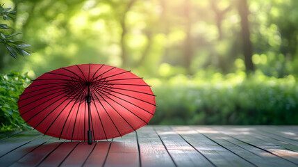 Red Umbrella on Wooden Deck Illustration