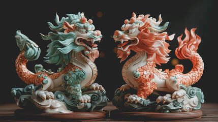 Vibrant lion and dragon dances showcasing traditional culture and artistry with colorful figurines representing heritage celebration and festive spirit in dynamic composition lighting perspective