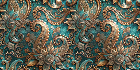 Intricate floral pattern in teal and gold tones, showcasing elegant design elements.