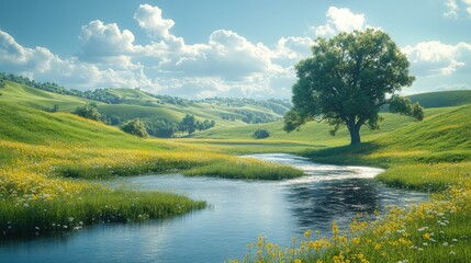 Obraz premium Serene river flows through sunny, flowered hills.