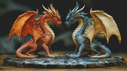 Obraz premium Mythological Dragons Facing Each Other Dramatic Fantasy Art Majestic Creatures Intricate Design Mythical Beasts Enigmatic Powerful Legends Artistic Representation Imagery