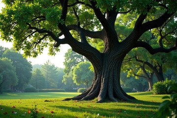 Obraz premium Ancient Ashoka tree with twisted branches in the garden background, vegetation, flora