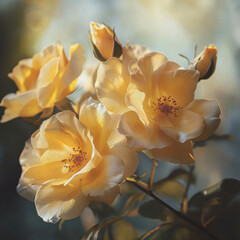 Fototapeta premium Yellow roses blooming in soft light, isolated on white background.