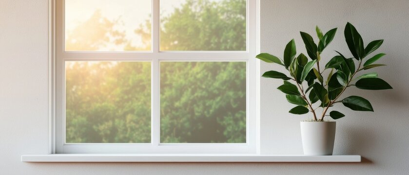 Allergy concept. Bright window with a potted plant, showcasing natural light and greenery.