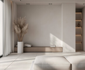  Aesthetic elegant minimalist modern interior design. Clear mock up empty wall for decoration in the apartment. Copy space in the room. Neutral palette of natural colors.