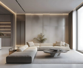  Aesthetic elegant minimalist modern interior design. Clear mock up empty wall for decoration in the apartment. Copy space in the room. Neutral palette of natural colors.