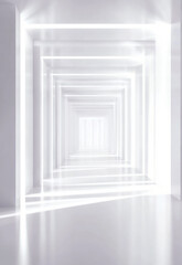 A minimalist hallway with an abstract design of white squares creating a sense of depth and perspective.
White room with long, narrow strips of light coming from the walls.
