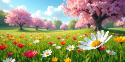 Obraz premium An open field filled with flovers and blooming almond trees in the background, spring flowers, daisy
