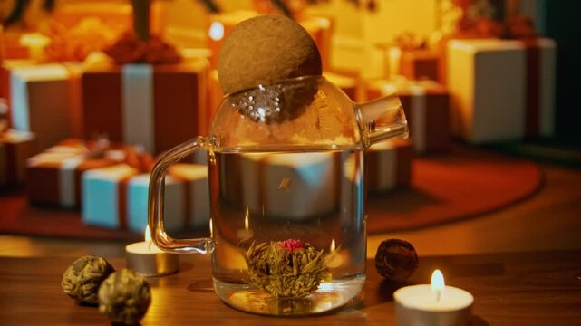 Brewing royal choice blooming tea in new years day decorated room