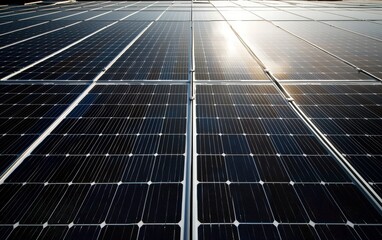 Close-up view of solar panels on the roof of a sustainable home in a beautiful suburban area, bathed in sunlight