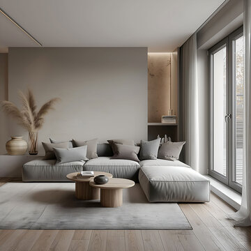  Aesthetic elegant minimalist modern interior design. Clear mock up empty wall for decoration in the apartment. Copy space in the room. Neutral palette of natural colors.