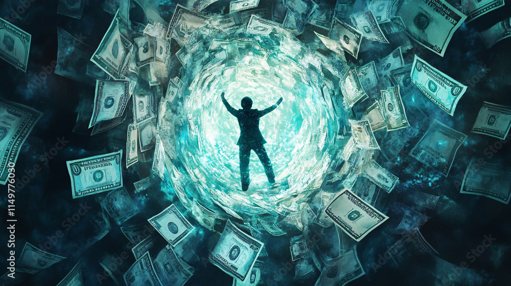 Poster a cosmic nebula made of currency notes, with a figure navigating through, symbolizing the vast unive