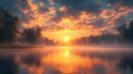 Fototapeta premium Serene sunset over misty lake, fiery sky.