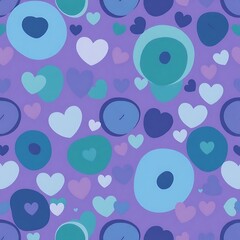 Purple Hearts & Circles Seamless Pattern: A vibrant, whimsical seamless pattern featuring a playful mix of purple, blue, and teal hearts and circles on a soft purple background.
