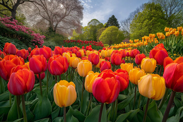 A colorful spring garden filled with vibrant red, orange, and yellow tulips. Lush greenery and blooming pink flowers create a picturesque floral scene under a bright blue sky