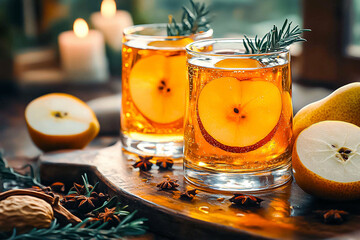 Pear hot cider, warming drink, festive spiced tea on the windowsill