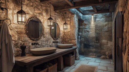 Rustic cleansing room with reclaimed wood furniture, ceramic basins, stone walls, and vintage lanterns, creating a warm and cozy atmosphere