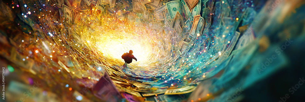 Poster a cosmic nebula made of currency notes, with a figure navigating through, symbolizing the vast unive