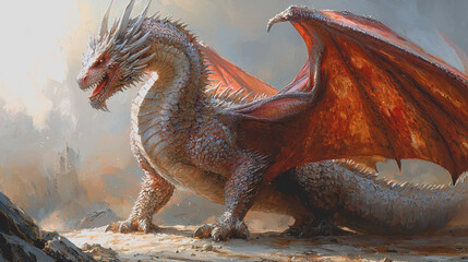 Obraz premium Stunning red dragon painting with white face showcasing intricate details and vibrant colors in a fantasy art style perfect for home decor or thematic illustrations