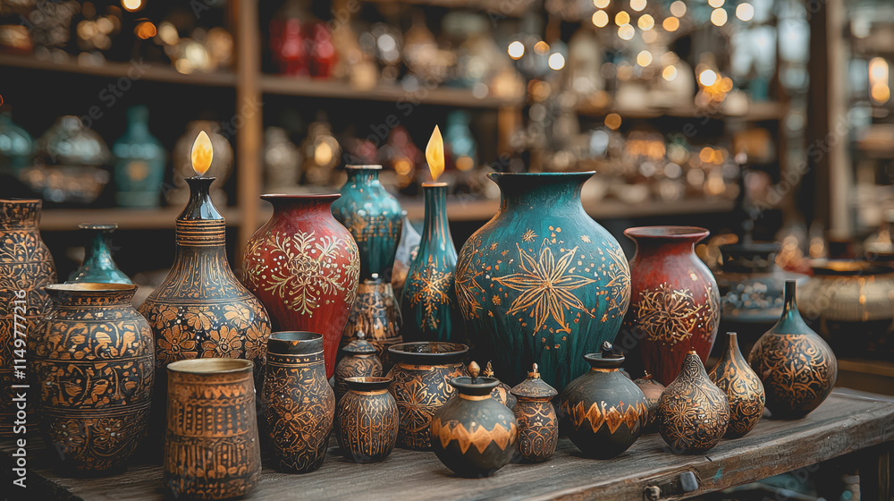 Poster handcrafted festive items including vases and candles arranged beautifully on a table creating an in
