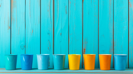 Eight Colorful Metal Cups on Teal Wood Background