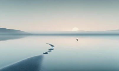 Obraz premium A serene landscape with a lone figure walking along the water at sunset.