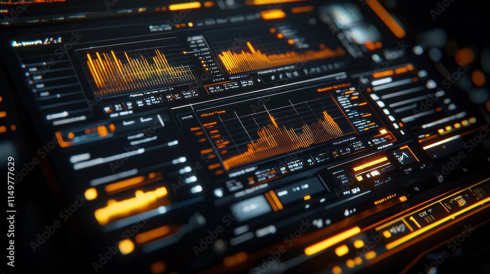 Poster close up view of digital dashboard displaying financial data and analytics, featuring vibrant orange