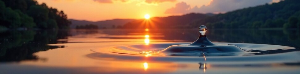 Obraz premium A water droplet rolling across the surface of a lake at sunset, reflection, landscape