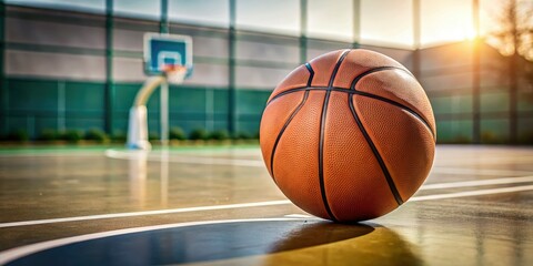 Abstract sport: a lone basketball dominates a minimalist court, showcasing clean lines in striking photography.