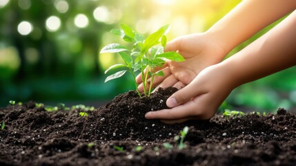 Child's hands planting a seedling in rich soil.