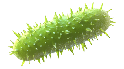 3D glossy green bacteria cell with a cylindrical body and spiked protrusions, representing a detailed microscopic organism. Isolated on transparent background