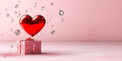 Red Heart, Gift Box, and Diamonds on Pink Background