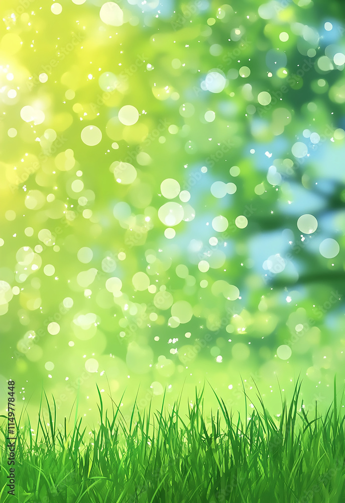 Poster a field of green grass with a few drops of water on it green bokeh background resembling a lush fore