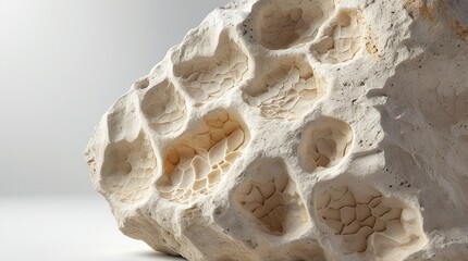 highly detailed, hyper-realistic close-up of a weathered limestone rock, showcasing its intricate, porous surface with minute cavities, imperfections, generative ai