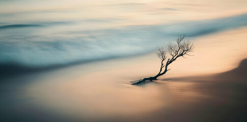 Obraz premium A serene beach scene featuring a solitary branch partially submerged in soft waves.