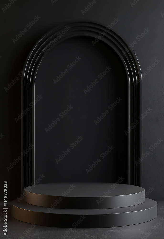 Poster abstract black color background and step of podium for product presentation. black podium or pedesta