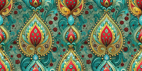 Vibrant decorative pattern with intricate designs in red, gold, and teal.