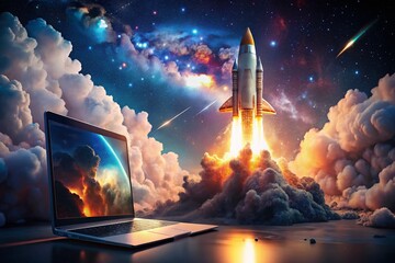 Fototapeta premium Surreal Space Rocket Launch from Laptop Screen: Cosmic Digital Dreamscape